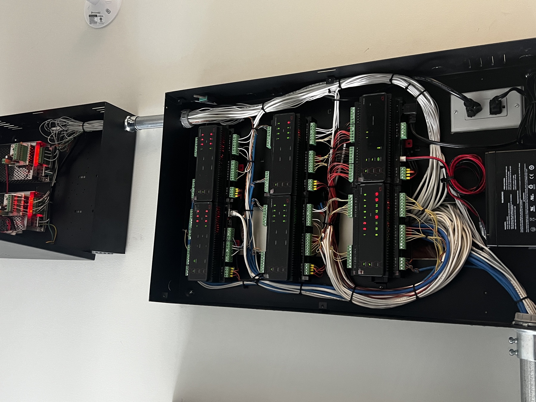 Open panels with tied white bundles and ICT modules.