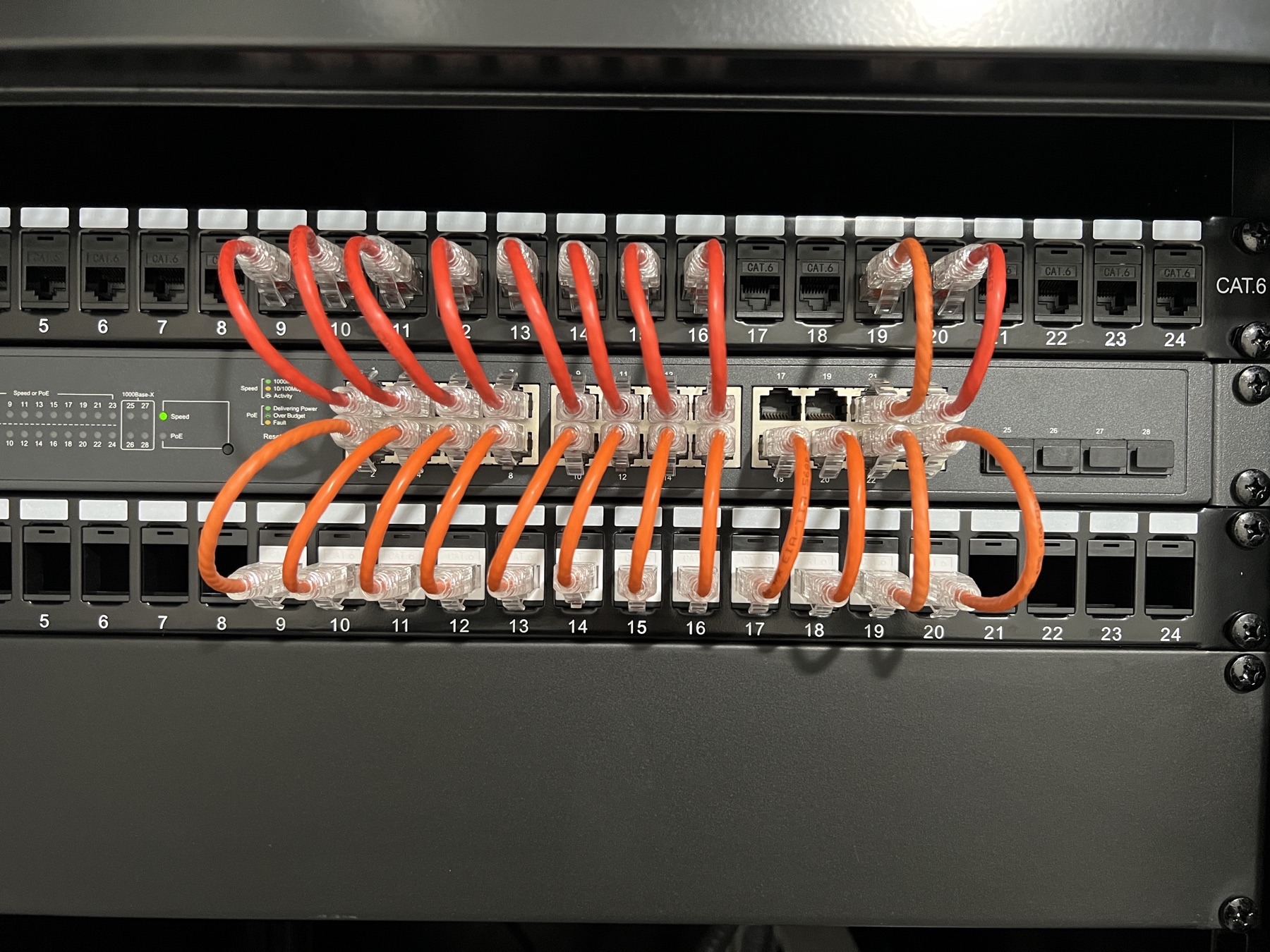 Patch panels dressed with short orange network leads.