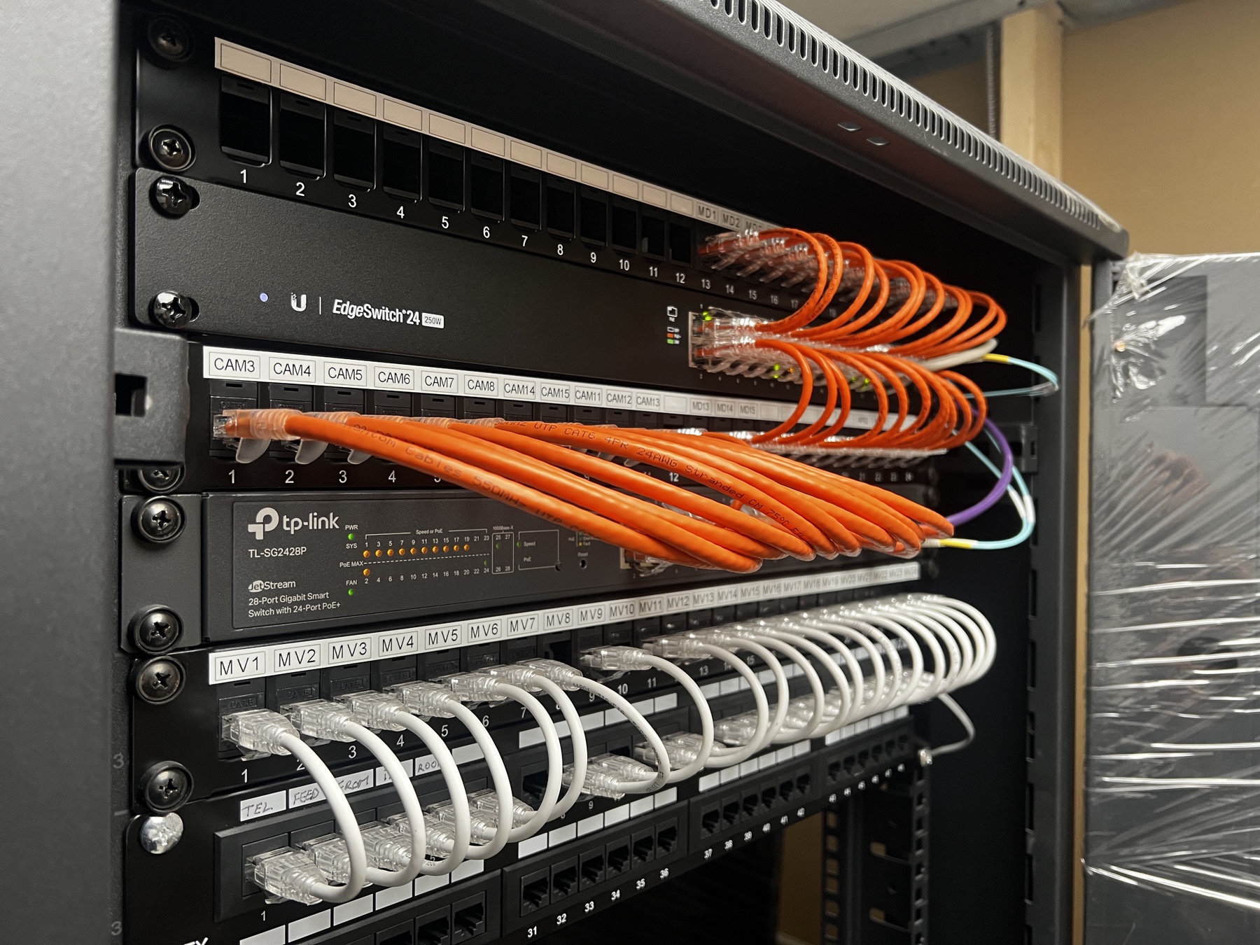 Equipment rack with labelled camera and network patch leads.
